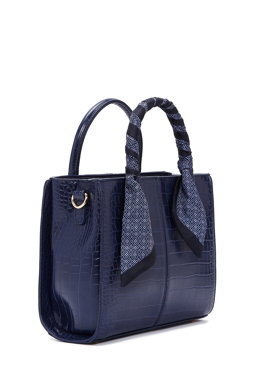 Women's Navy Blue Long Strap Crocodile Patterned Handbag with Accessory Detail