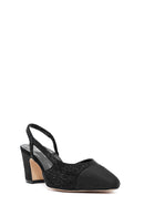 Women's Black Stoned Open Back Short Thick Heeled Leather Shoes | Derimod