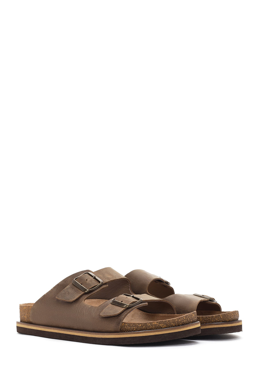 Men's Beige Buckled Nubuck Leather Slippers