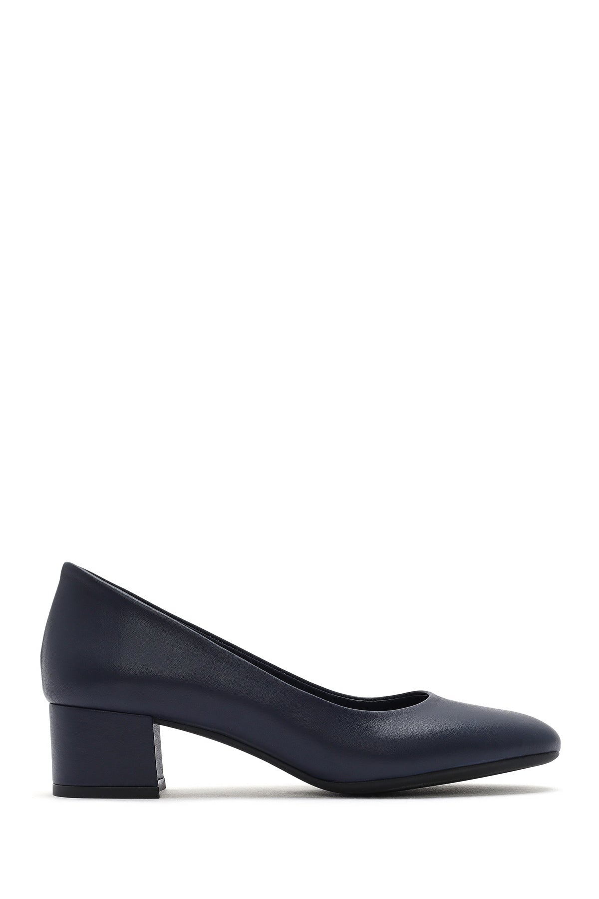 Women's Navy Blue Short Chunky Heeled Leather Shoes 26PFD140818 | Derimod