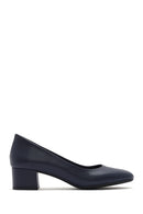 Women's Navy Blue Short Chunky Heeled Leather Shoes | Derimod