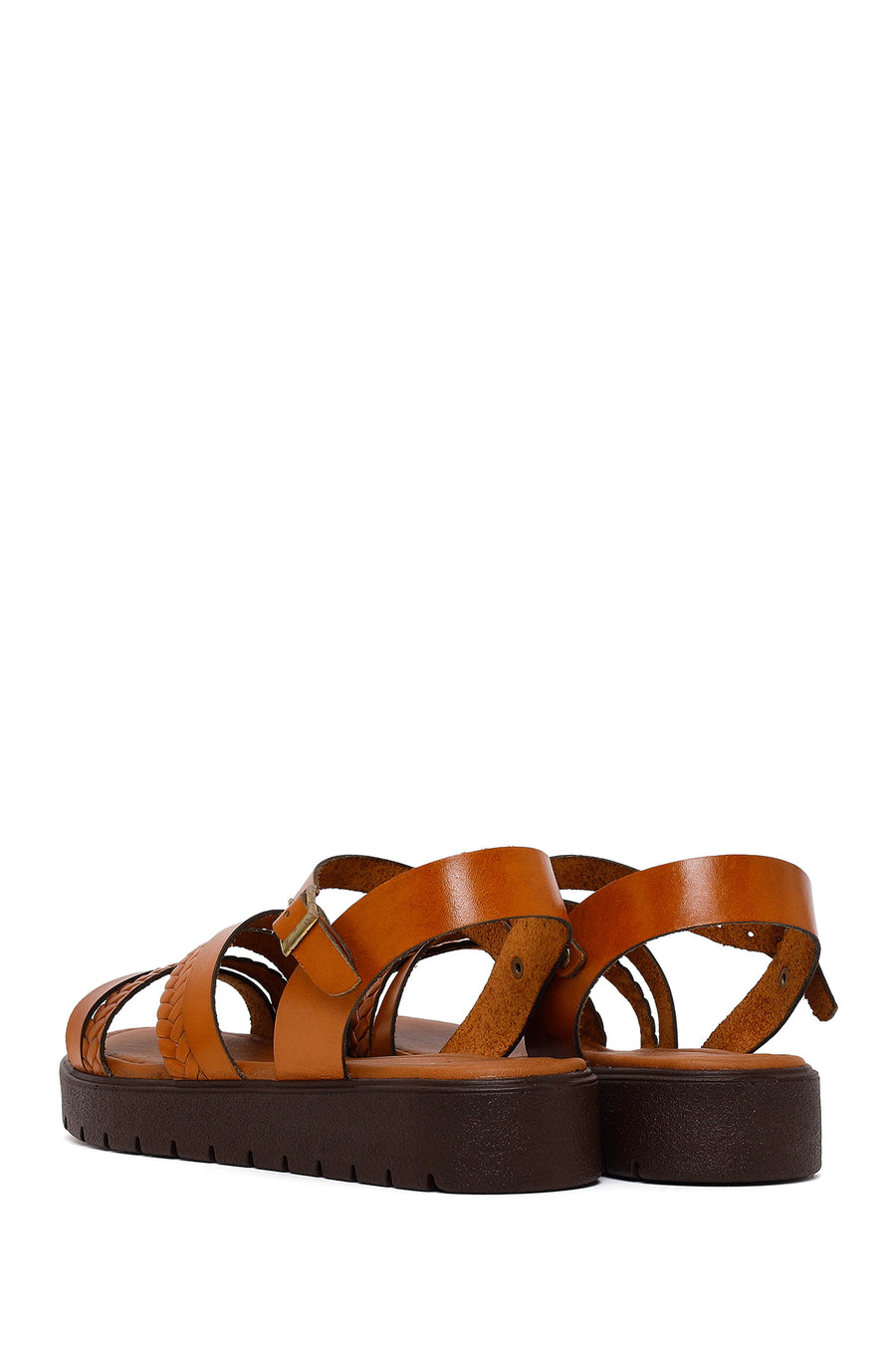 Woman Tan Strappy Thick-Soled Braided Leather Bodrum Sandal