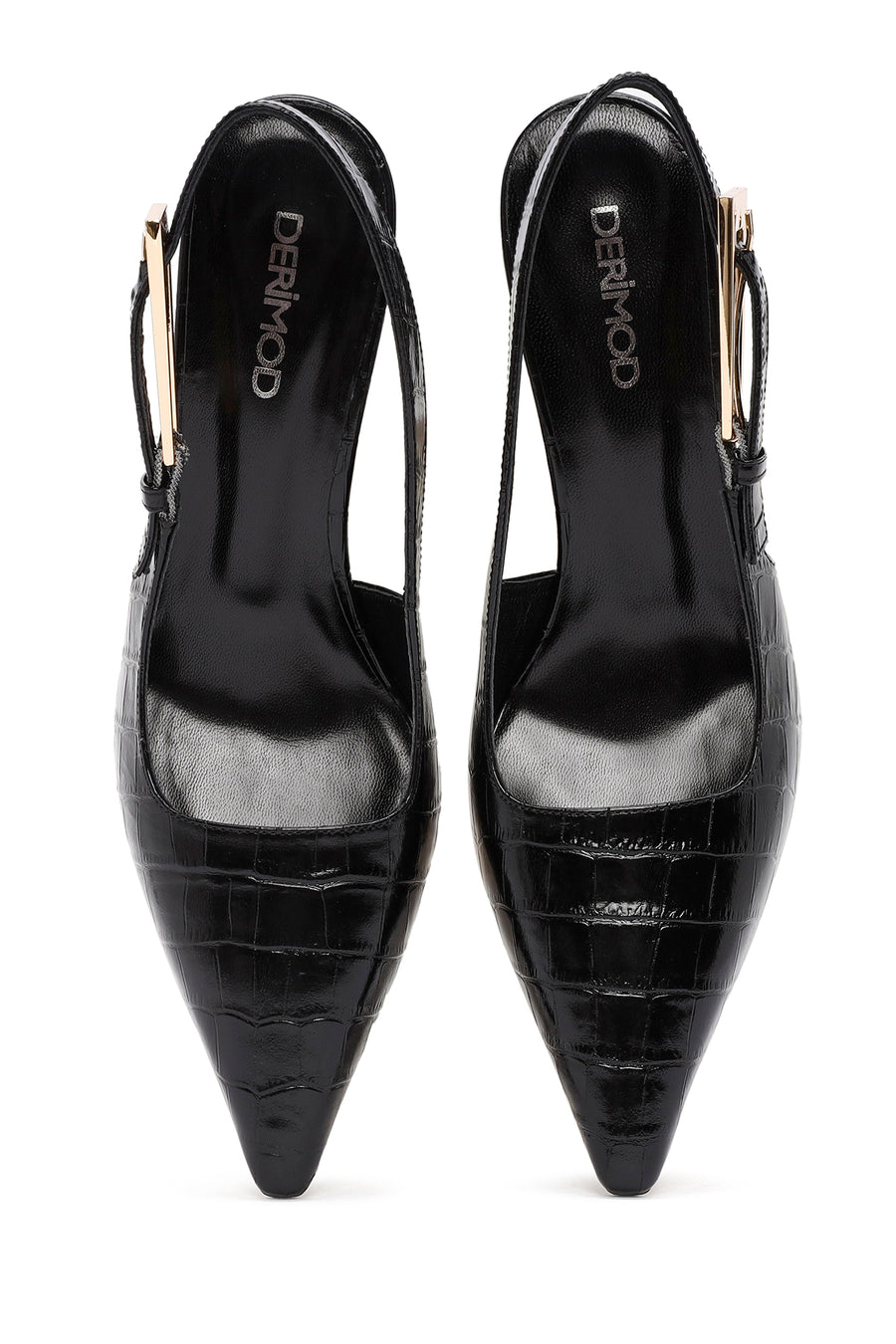 Women's Black Crocodile Patterned Open Back Thin Heeled Leather Shoes