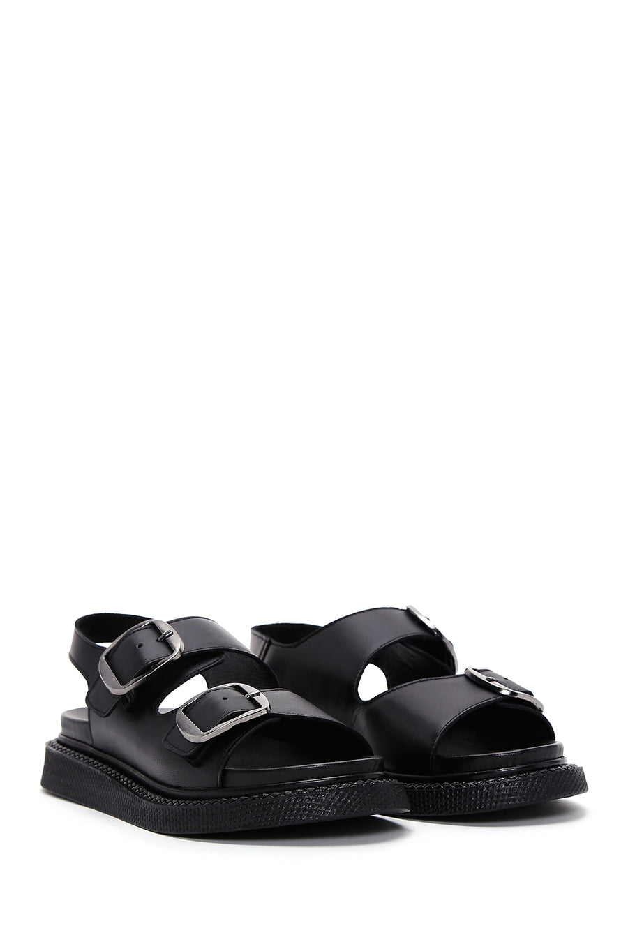Women's Black Double Buckle Leather Comfort Sandals
