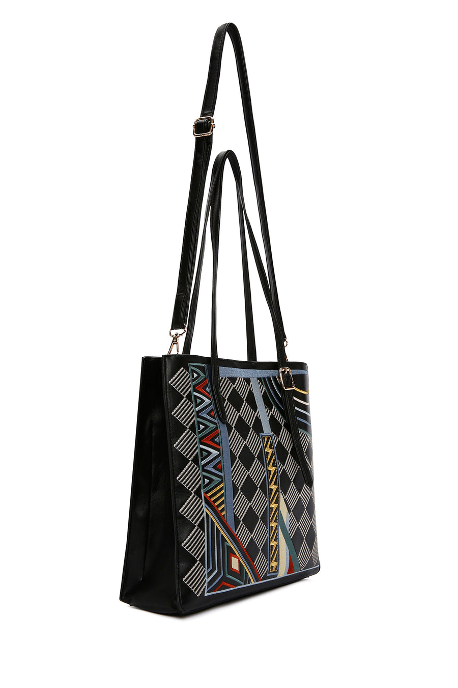 Women's Black Patterned Long Strap Shoulder Bag
