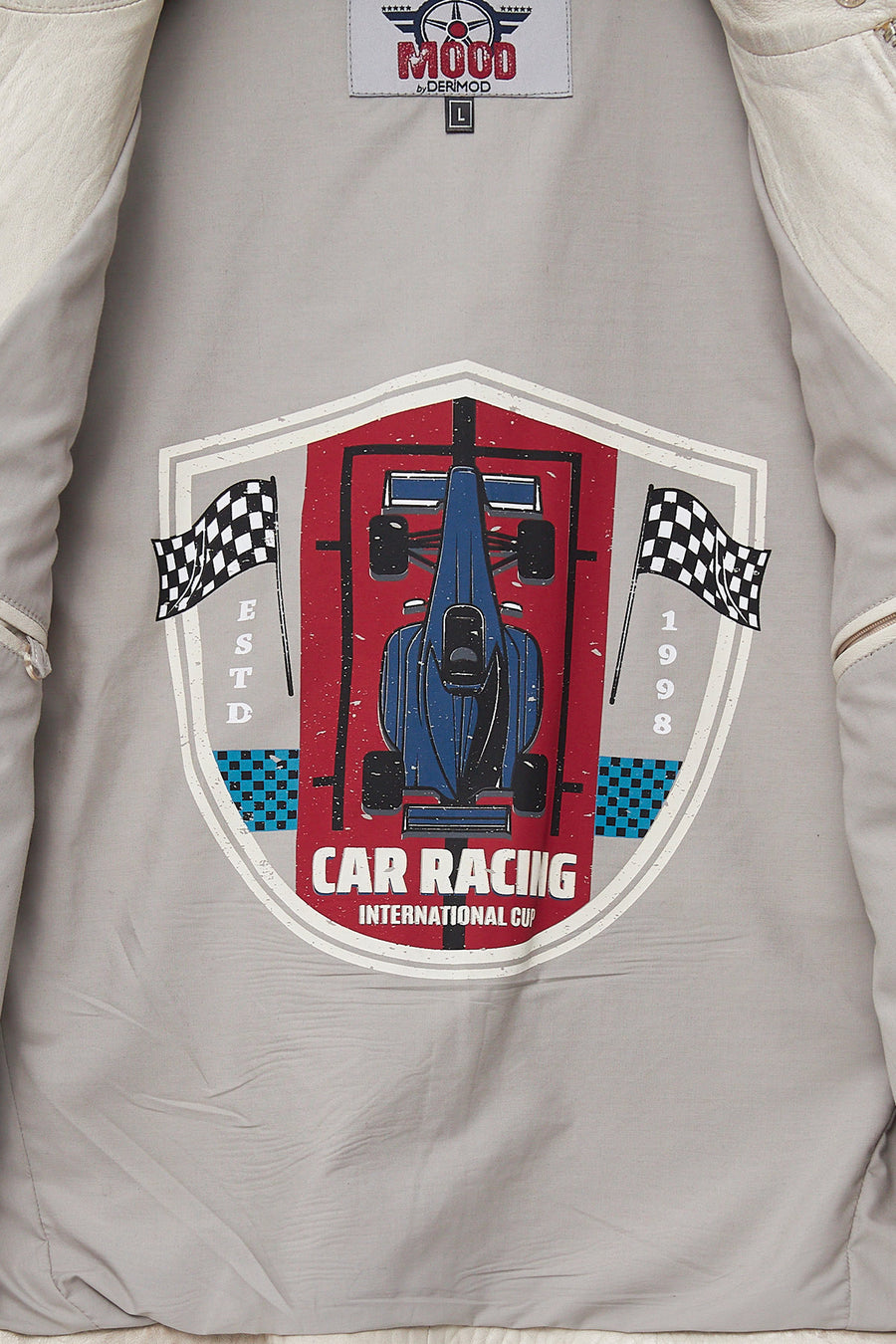 Storm Men's White Slim-Fit Leather Jacket with Emblem