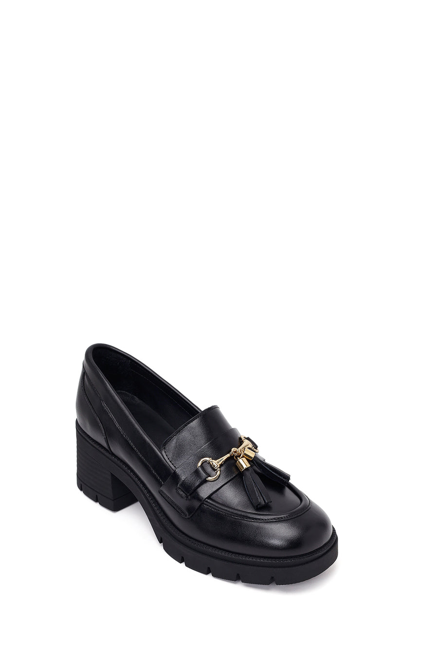 Woman Black Chunky-Heeled Buckled Leather Loafer