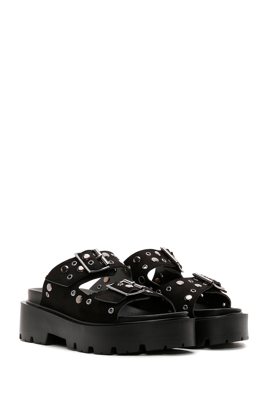 Women's Black Suede Double Buckle Thick Soled Slippers