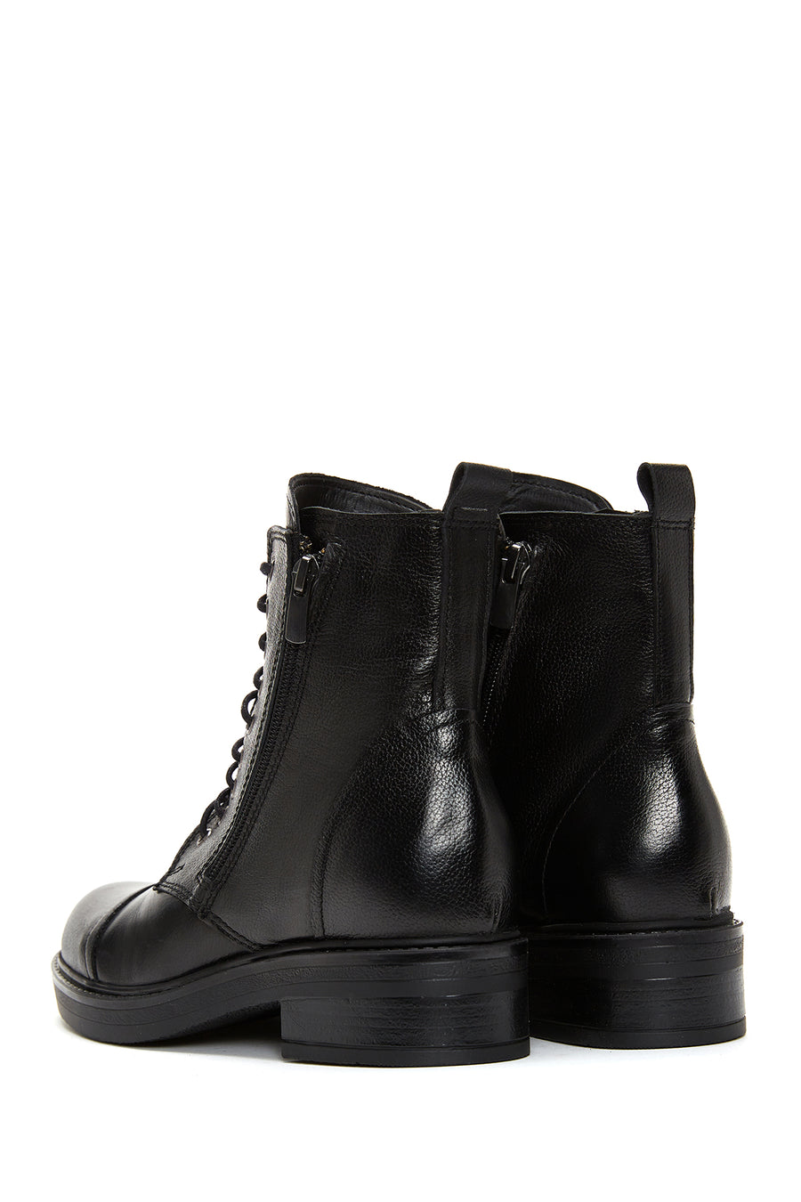 Women's Black Leather Boots Zippered Flat Boots