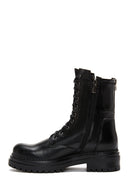 Women's Black Lace-Up Zippered Leather Combat Boots | Derimod