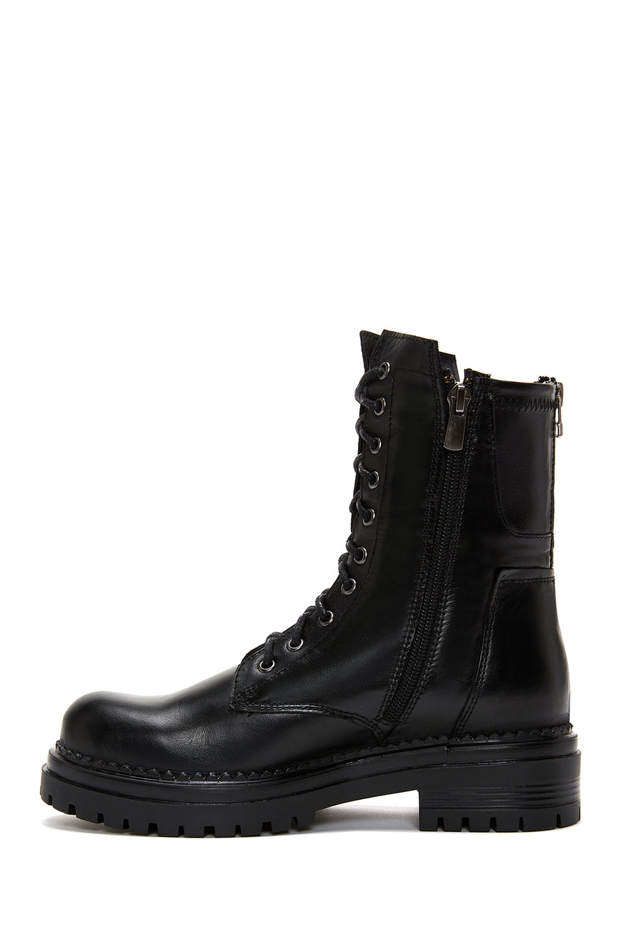 Women's Black Lace-Up Zippered Leather Combat Boots