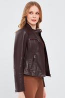 Alison Women's Claret Red Short Leather Jacket | Derimod