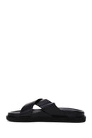 Men's Black Leather Casual Flat Slippers | Derimod