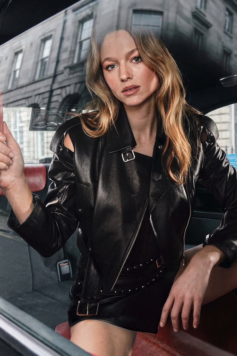 Avanti Woman Black Off-Shoulder Short Biker Leather Jacket