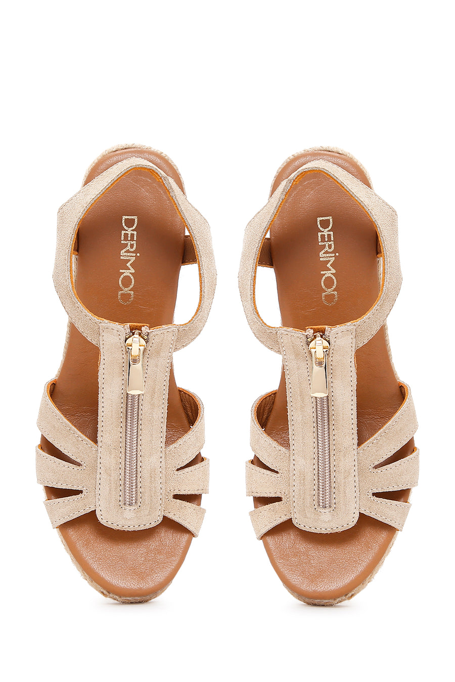 Women's Beige Zippered Wedge Heels Suede Leather Espadrilles