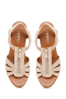 Women's Beige Zippered Wedge Heels Suede Leather Espadrilles | Derimod