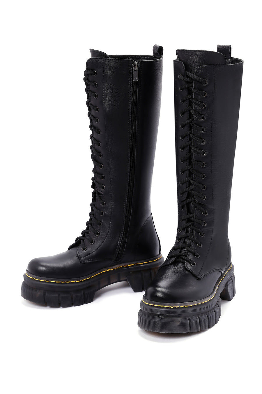 Women's Black Zippered Thick Soled Casual Leather Boots