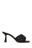 Woman Black Printed Thin-Heeled Leather Slippers | Derimod