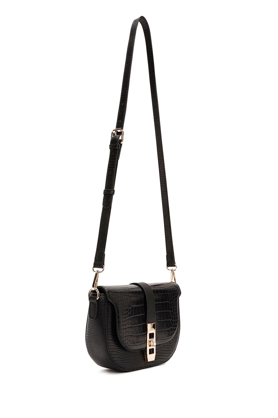 Women's Black Long Strap Crocodile Patterned Shoulder Bag