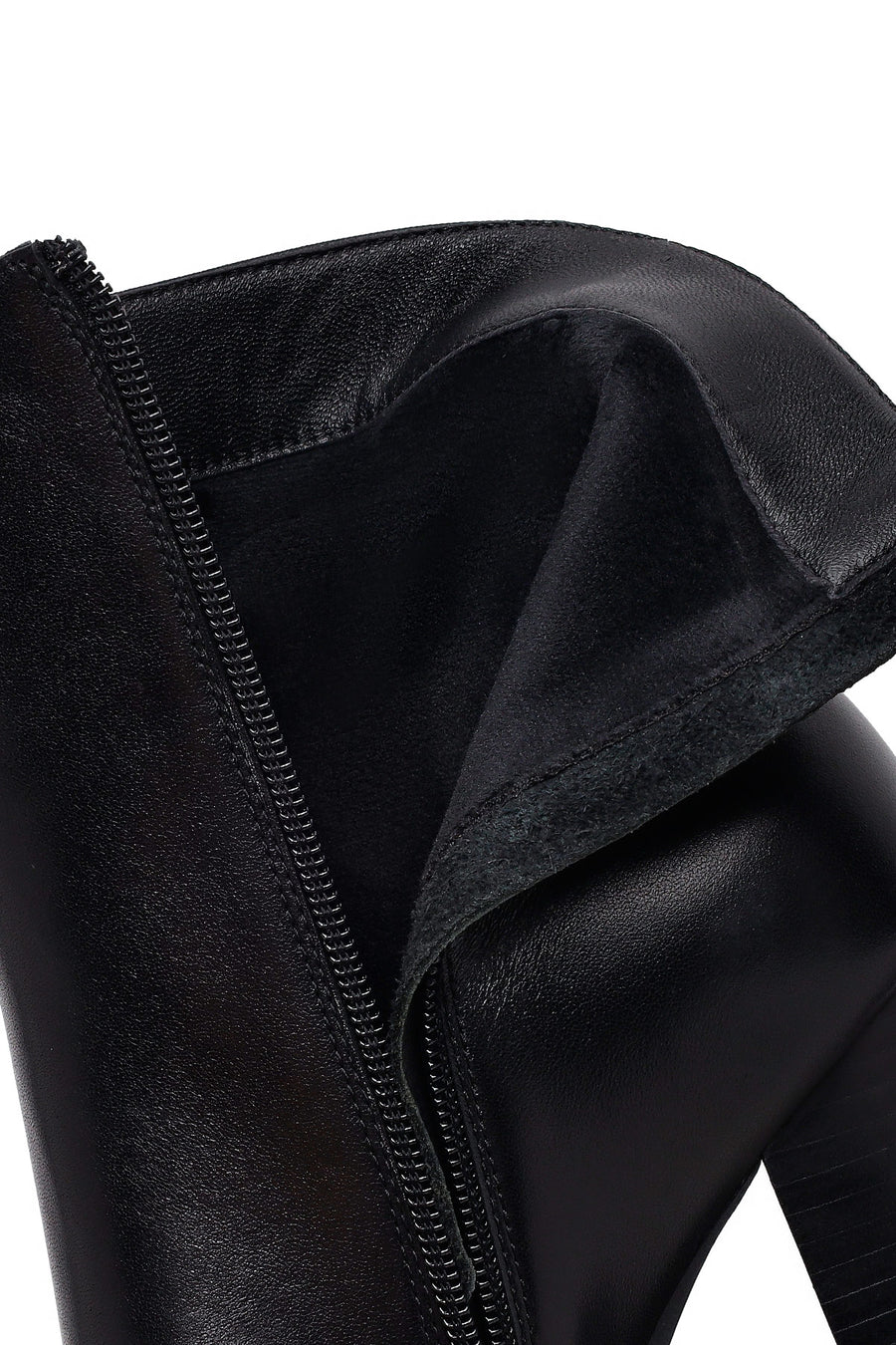 Woman Black Zip Closure High Thick-Heeled Leather Boots