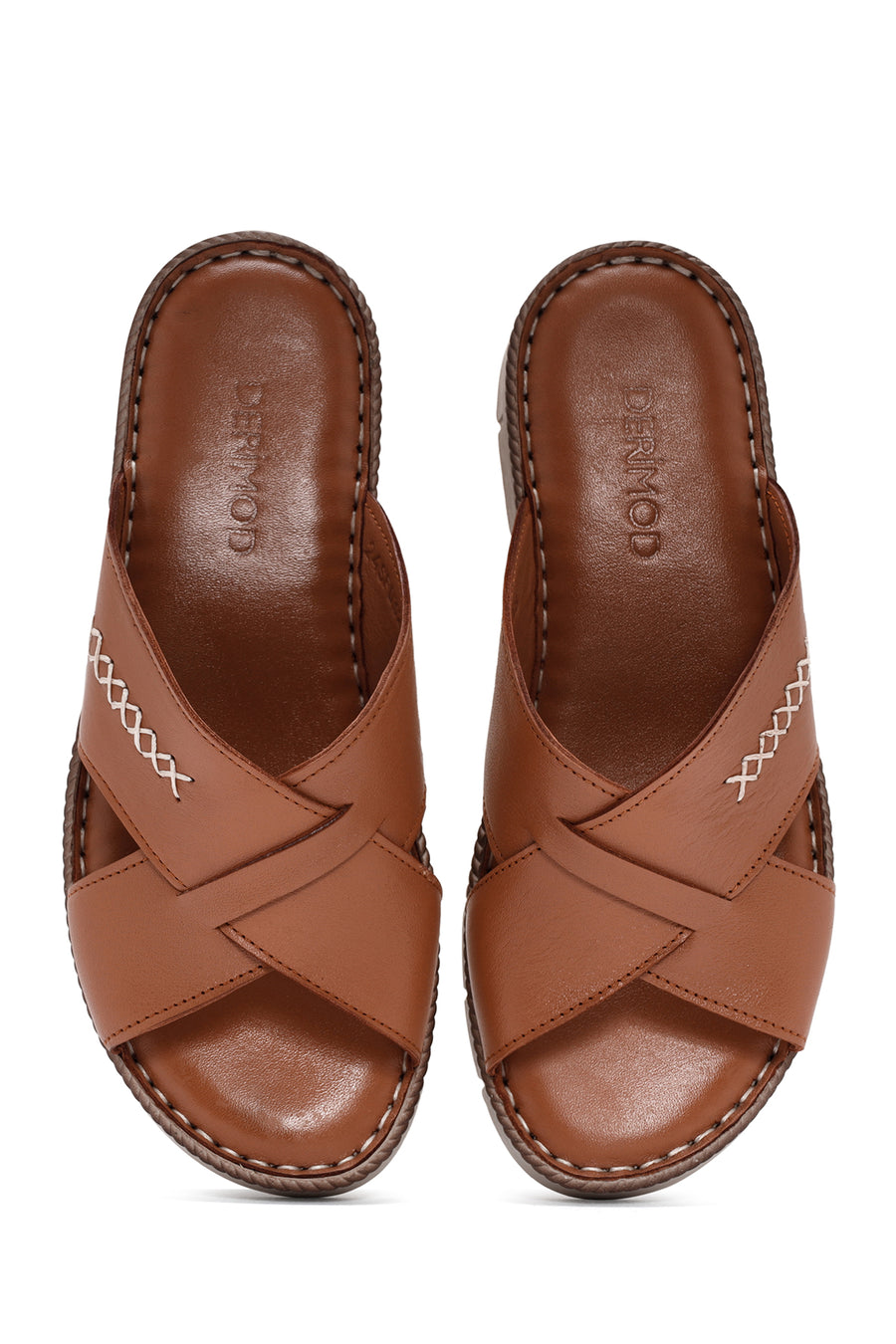 Women's Tan Thick Soled Leather Comfort Slippers