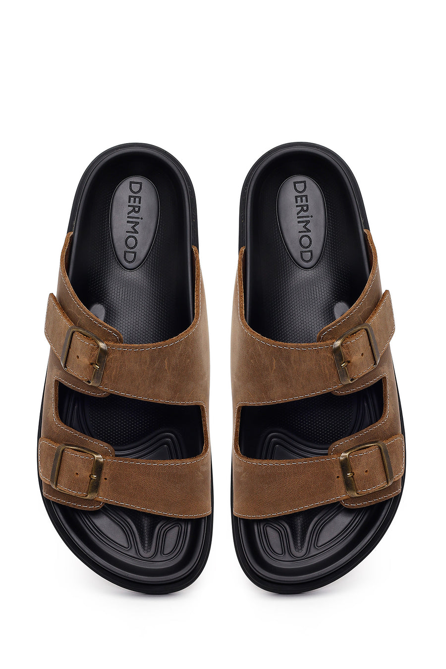 Male Beige Double-Buckle Nubuck Leather Slipper