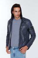 Towns Men's Blue Hooded Slim-Fit Sports Leather Jacket | Derimod