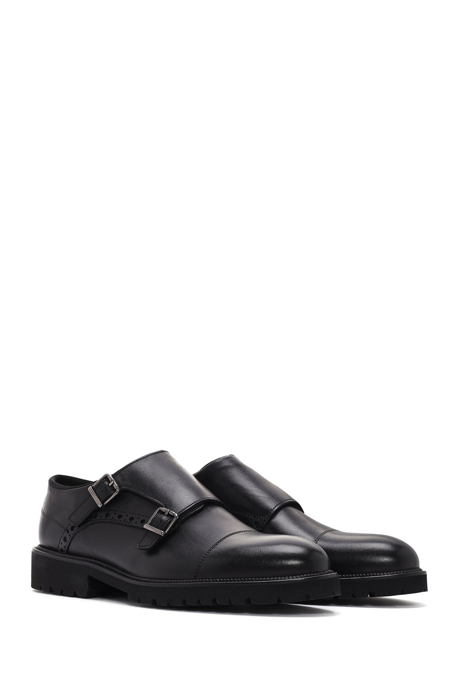 Men's Black Leather Double Buckle Casual Shoes
