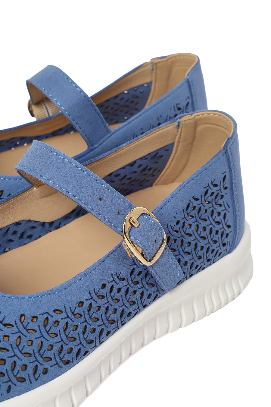 Woman Blue Buckled Patterned Suede Comfort Shoes