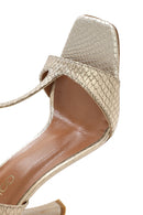 Women's Gold Metallic Patterned High Thin Heel Leather Sandals | Derimod