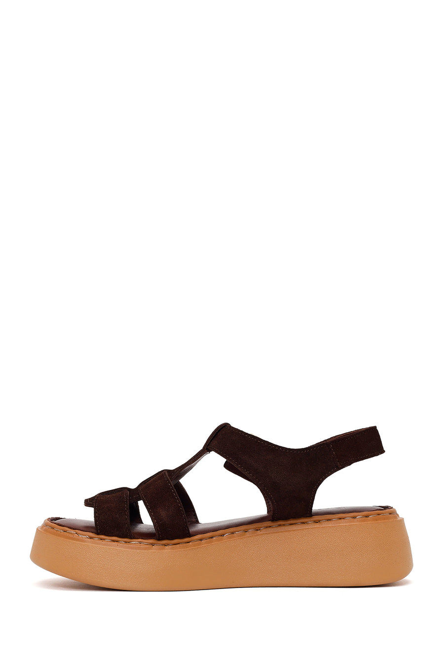 Woman Brown Ankle-Buckle Thick-Soled Suede Comfort Sandal