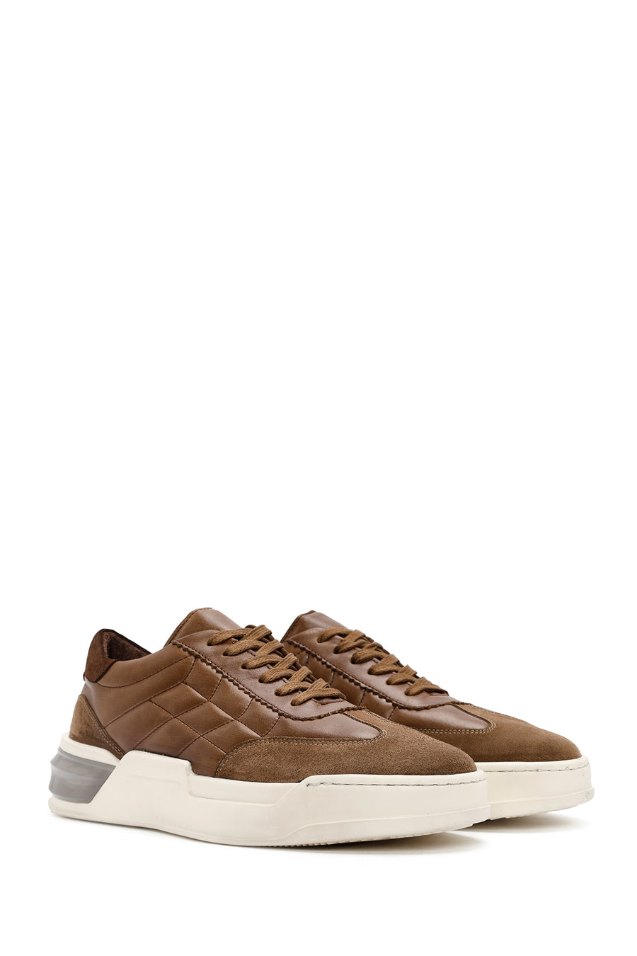 Erkek Vizon Bağcıklı Deri Sneaker