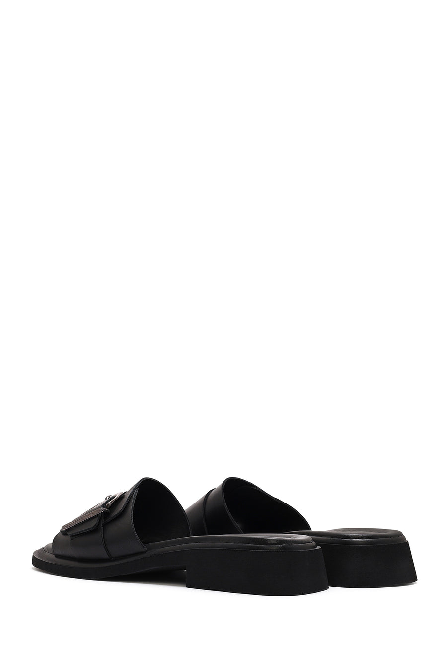 Women's Black Buckle Leather Slippers
