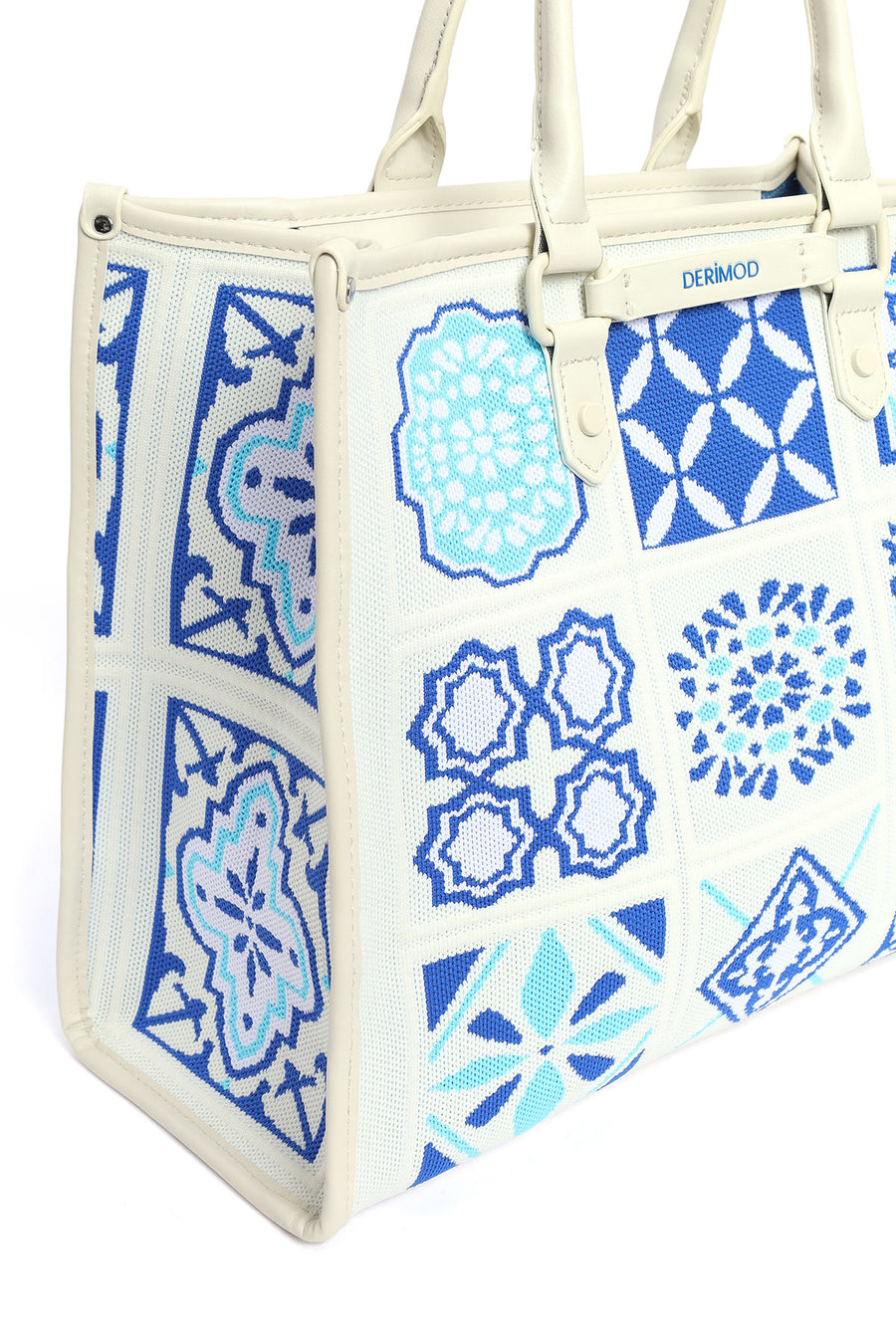 Woman Blue Long Strap Patterned Fabric Shoulder Bag