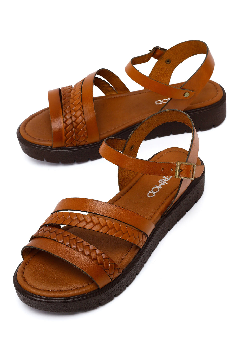Woman Tan Strappy Thick-Soled Braided Leather Bodrum Sandal