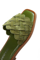 Women's Green Suede Leather Knitted Flat Slippers | Derimod