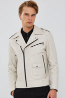 Carter Men's Beige Biker Leather Coat | Derimod