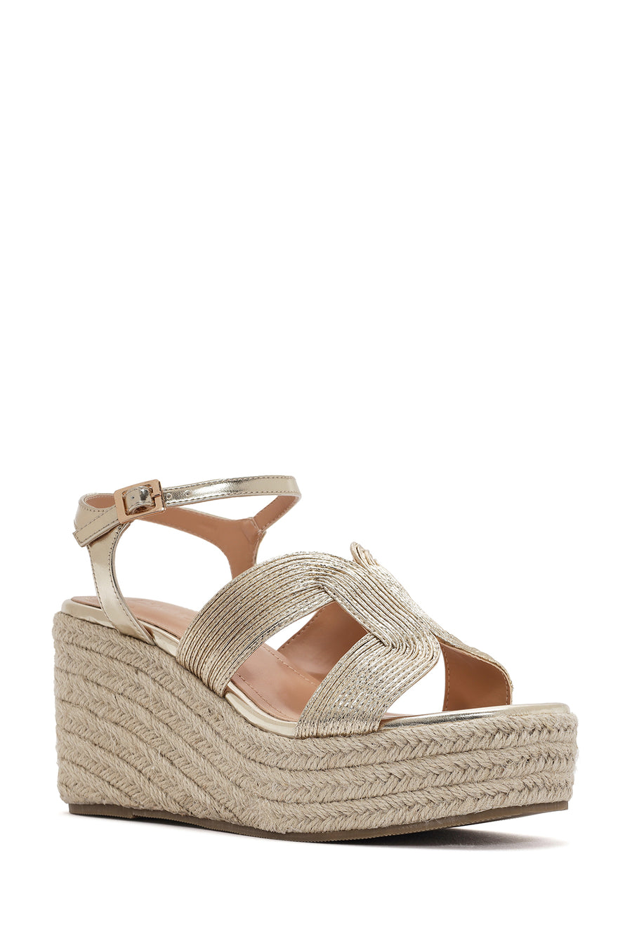 Women's Gold Ankle Strap Metallic Wedge Heel Espadrilles