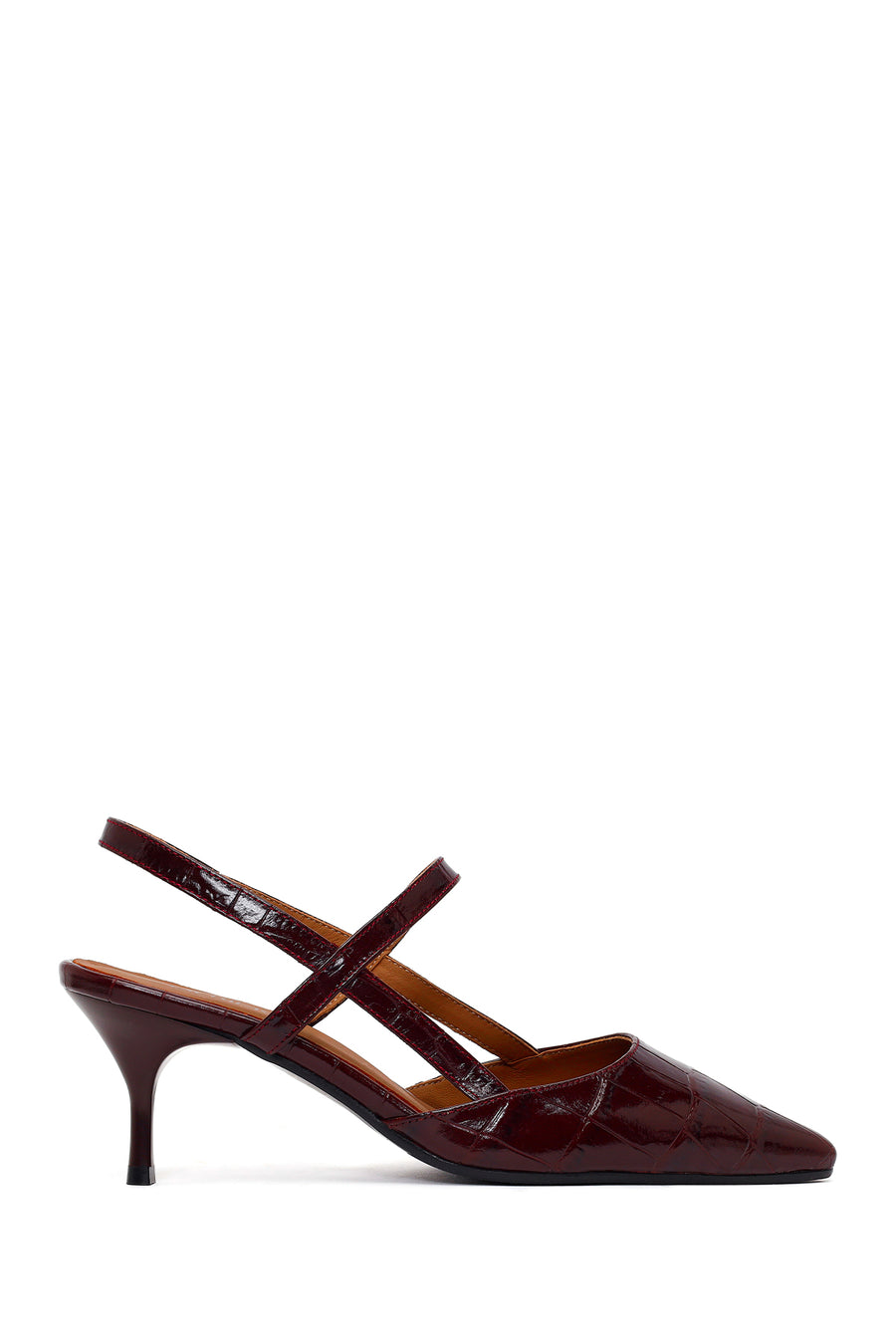 Woman Burgundy Backless Thin-Heeled Croc-Embossed Leather Shoes 26PFD1331E3 | Derimod