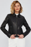 Olympia Women's Black Short Leather Jacket | Derimod