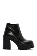 Women's Black Zippered Thick Heeled Leather Boots | Derimod