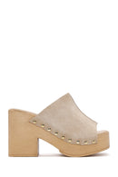 Women's Beige Thick Heeled Suede Leather Slippers | Derimod