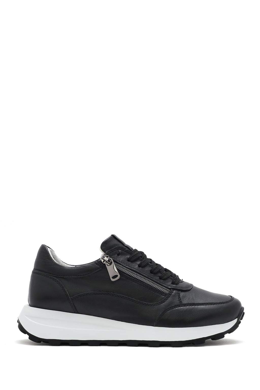 Kadın Siyah Bağcıklı Yandan Fermuarlı Deri Sneaker