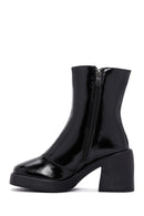 Women's Black Patent Leather Heeled Zippered Casual Boots | Derimod