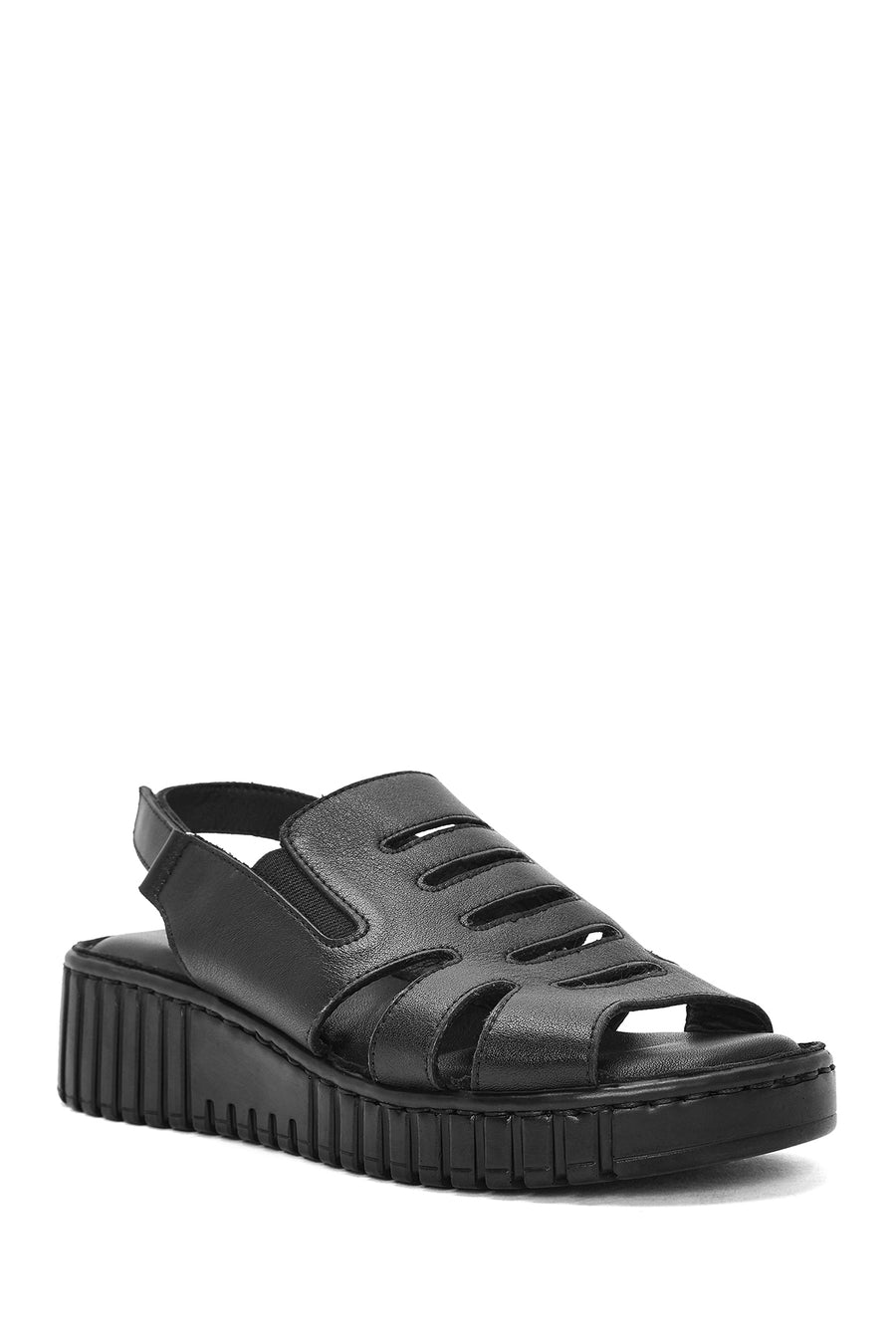 Women's Black Thick Soled Leather Comfort Sandals