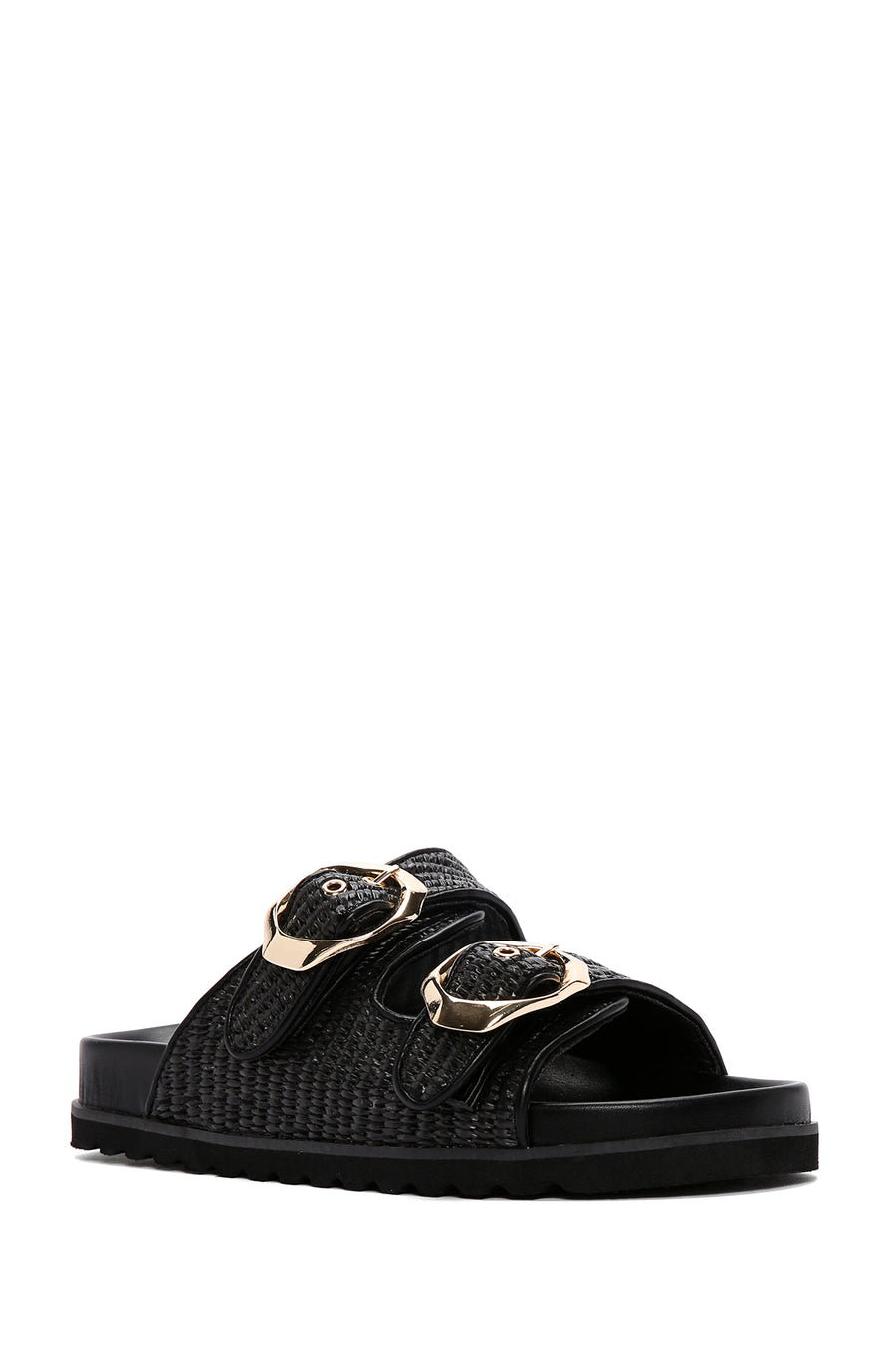 Women's Black Double Buckle Straw Slippers