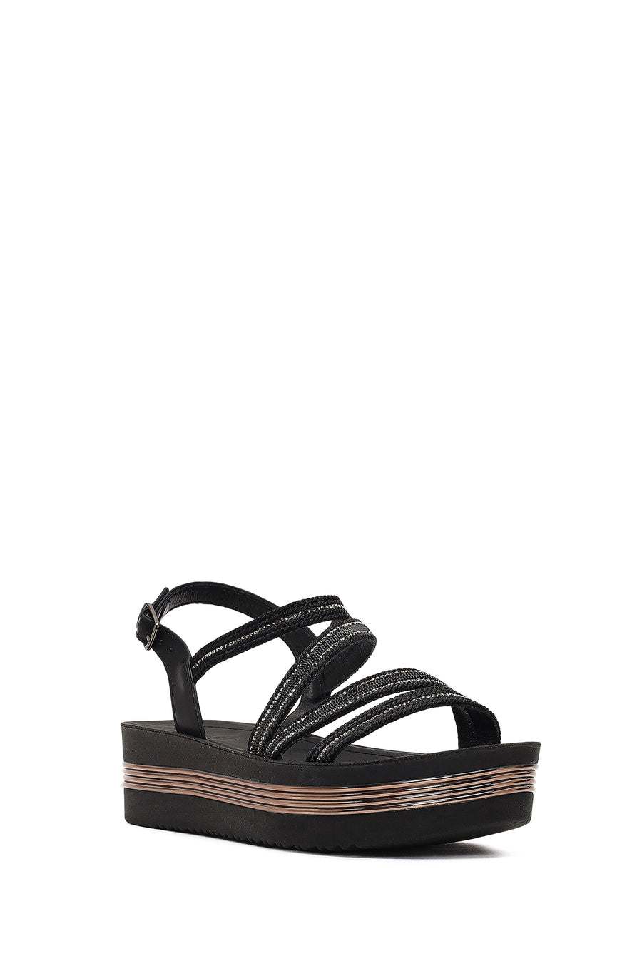 Women's Black Thick Soled Stoned Sandals