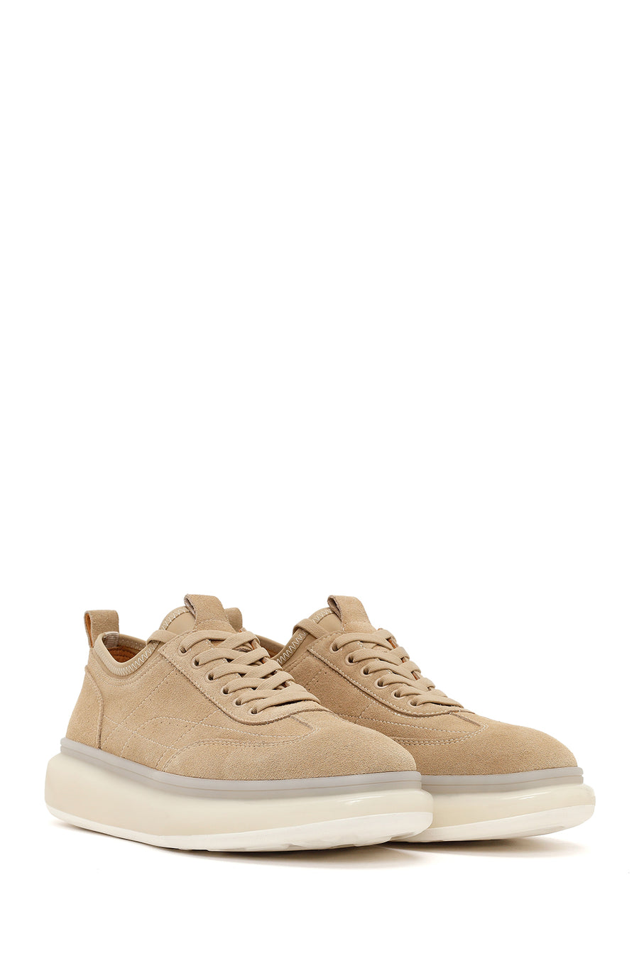 Men's Beige Lace-Up Thick-Sole Suede Leather Sneakers