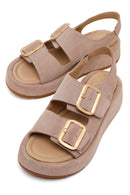Woman Beige Double-Buckle Thick-Soled Suede Leather Comfort Sandal | Derimod