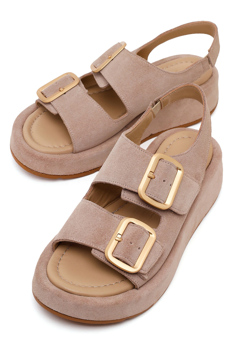 Woman Beige Double-Buckle Thick-Soled Suede Leather Comfort Sandal